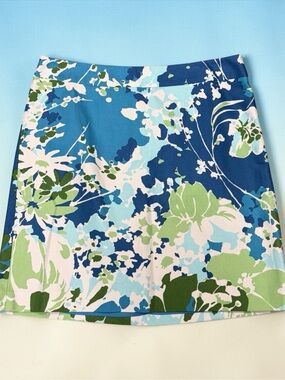 Talbots Petites Floral Skirt 14P Blue Green A-Line Spring Preppy Mini